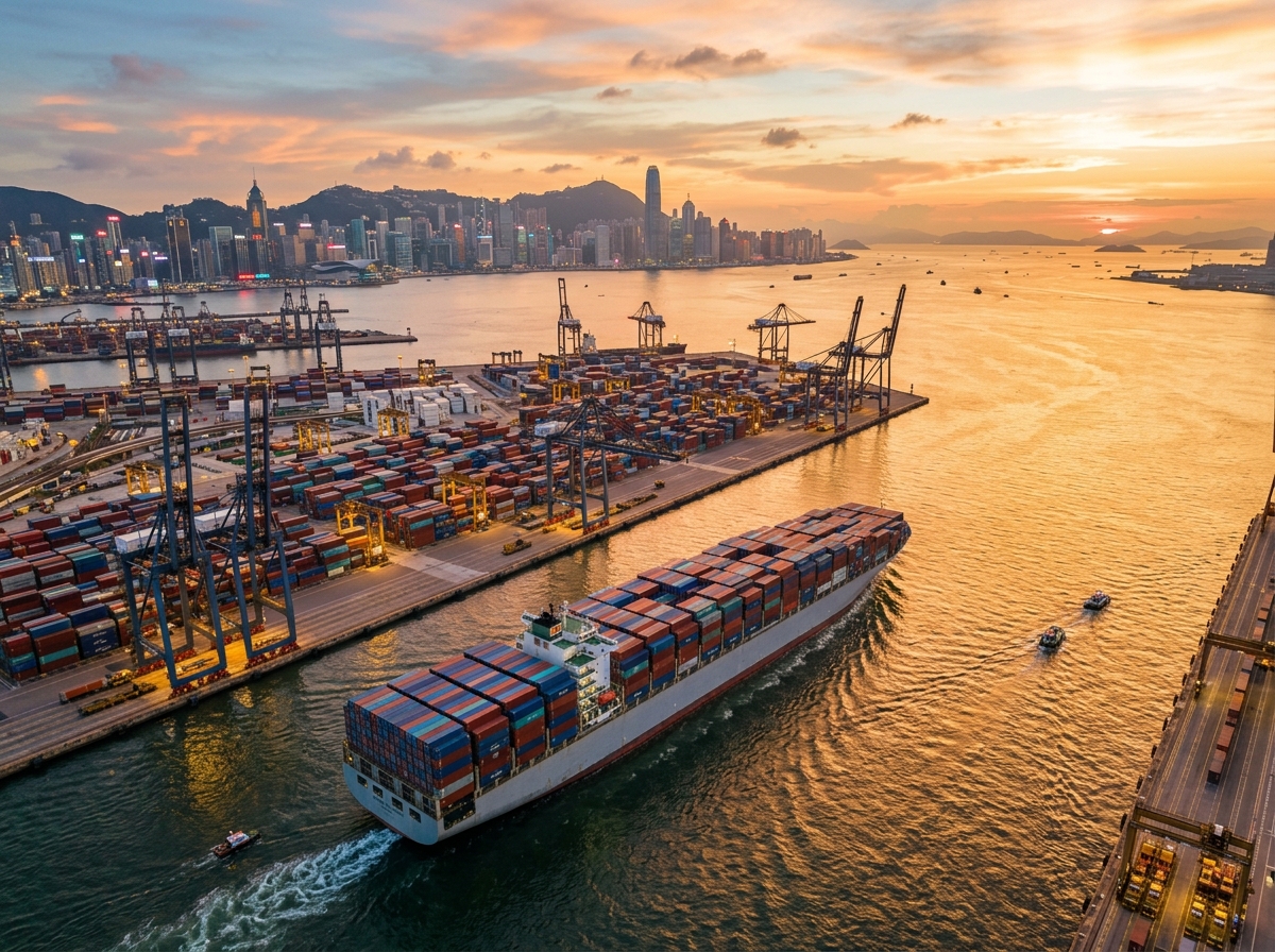 Aerial view of international shipping fleet at golden sunset